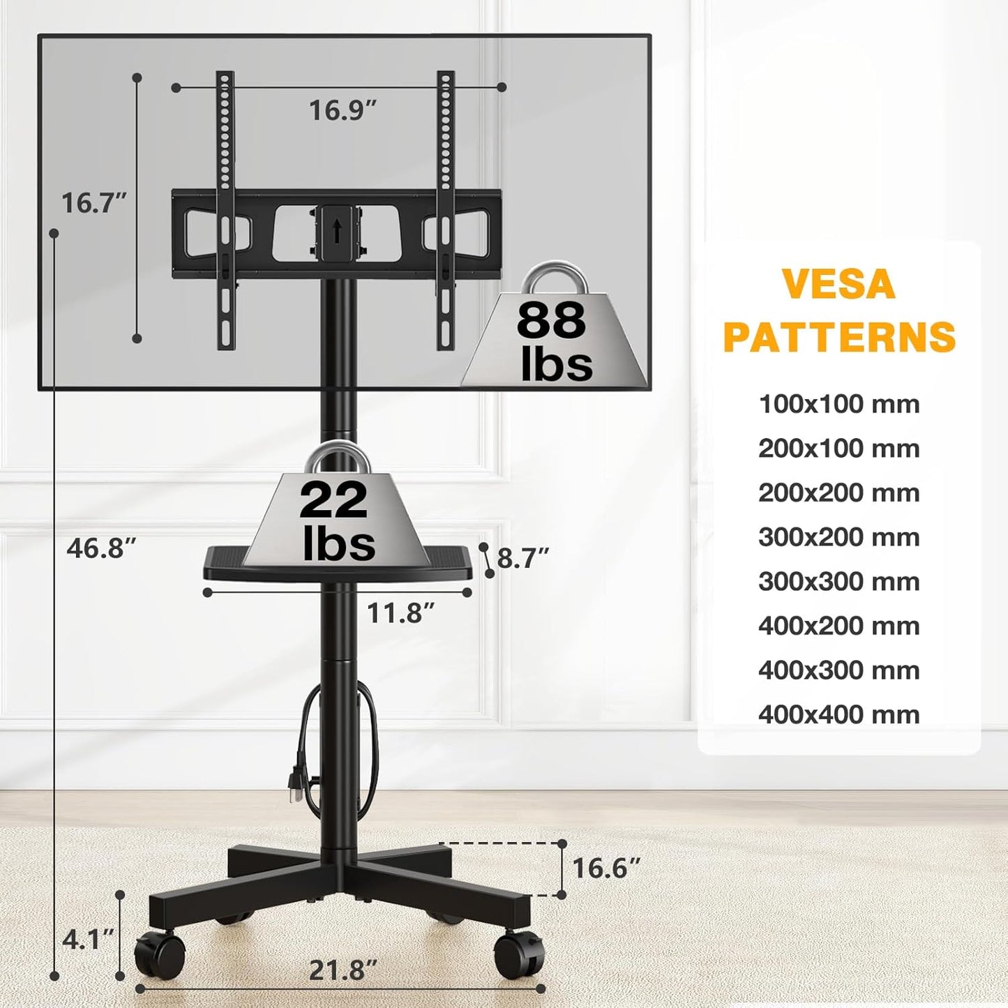 Mobile TV Stand with Power Outlet, Tilt Rolling TV Cart for 23-65 Inch LCD LED OLED Flat Curved Screen Tvs up to 88 Lbs, Height Adjustment Portable TV Stand on Wheels, Max VESA 400X400Mm