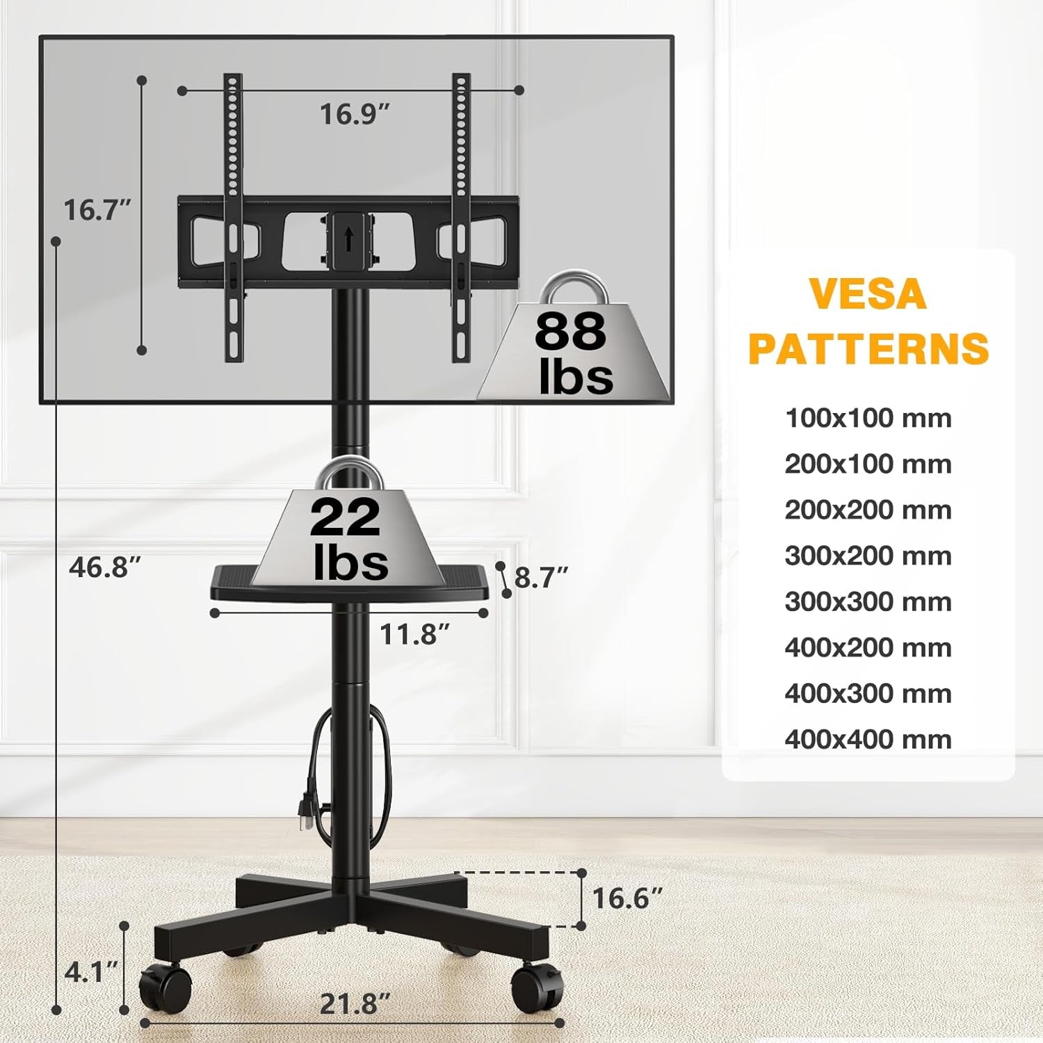 Mobile TV Stand with Power Outlet, Tilt Rolling TV Cart for 23-65 Inch LCD LED OLED Flat Curved Screen Tvs up to 88 Lbs, Height Adjustment Portable TV Stand on Wheels, Max VESA 400X400Mm