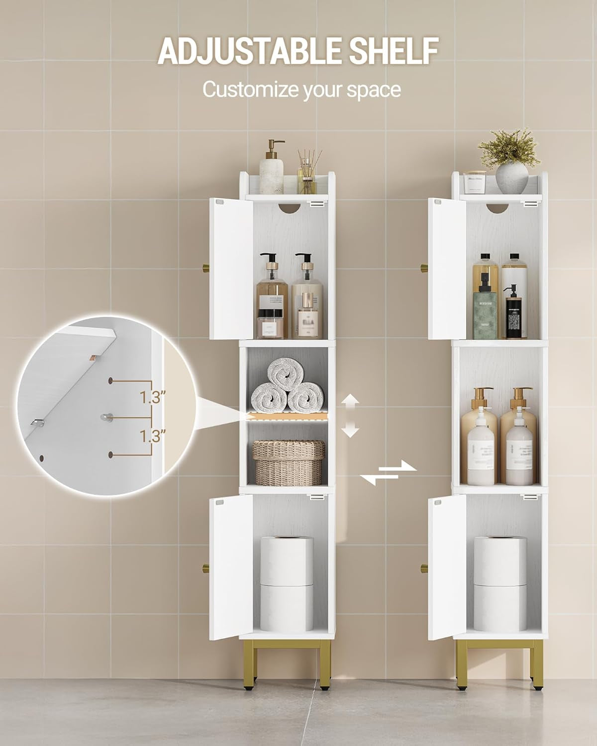 Narrow Bathroom Storage Cabinet, Bathroom Organizers and Storage with 2 Doors, Open Space，Adjustable Shelf, Laundry Room Organization for Small Space, Kitchen, Living Room, White BC22413G