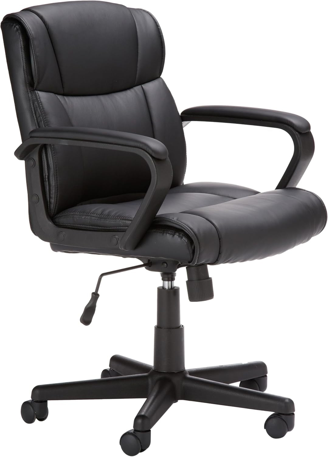 Office Computer Task Desk Chair with Padded Armrests, Mid-Back, Adjustable, 360 Swivel, Rolling, 275 Pound Capacity, 24.2"D X 24"W X 34.8"H, Black Faux Leather