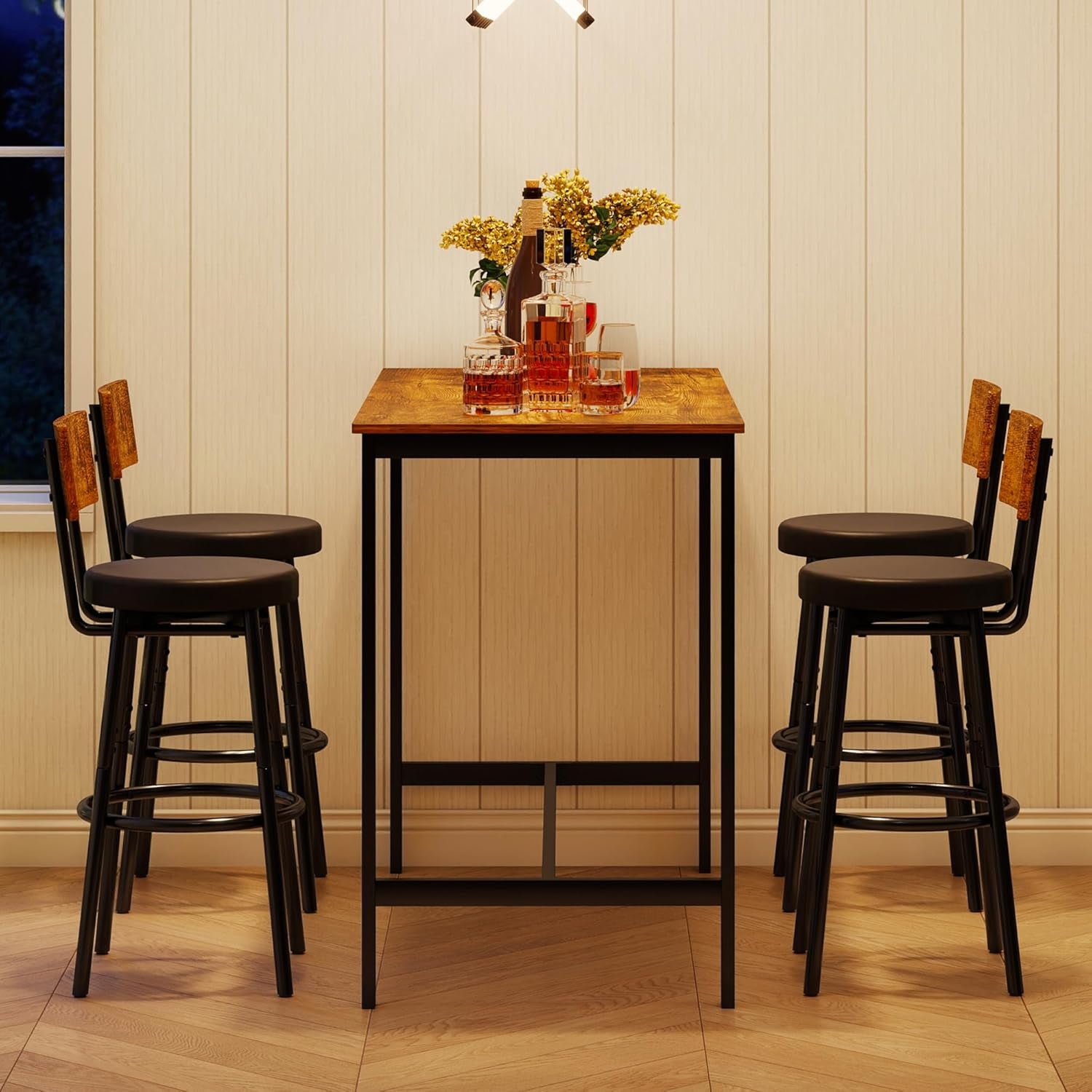 Bar Table and Chairs Set of 4, 5 Piece Counter Height High Breakfast Table Chairs Set of 4 for Dining Room, Brown