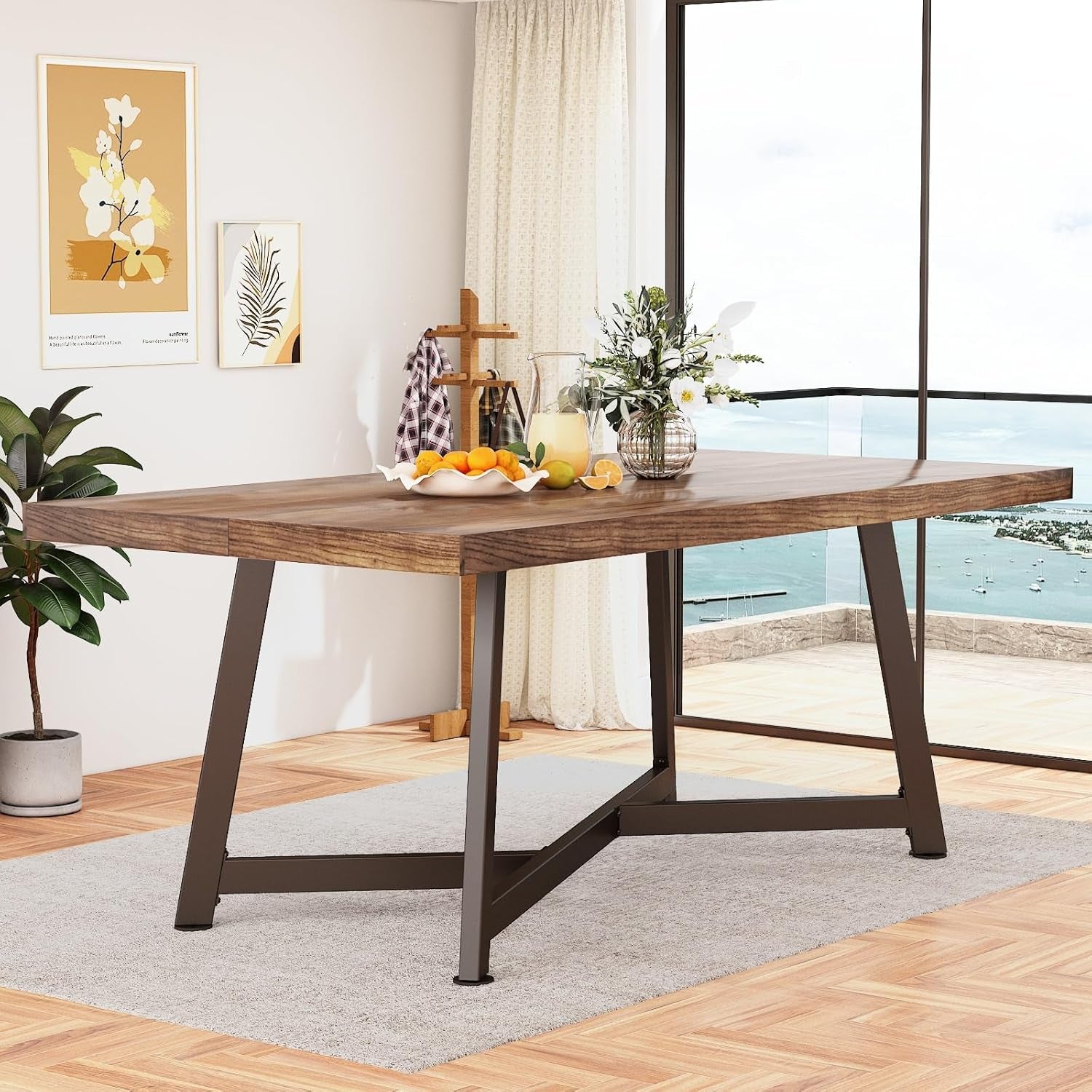 71" Farmhouse Solid Wood Dining Table for 4 6 8 People, Rustic Large Wooden Kitchen Table Rectangular Hardwood Top with Steel Leg X-Base, Home Office Kitchen Furniture, Oak