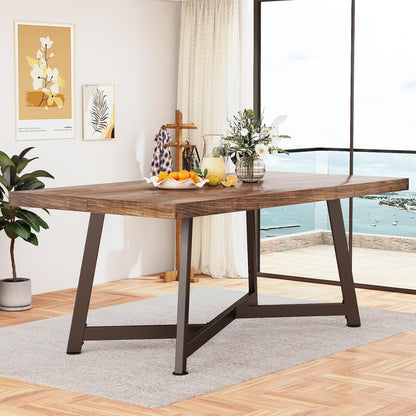 71" Farmhouse Solid Wood Dining Table for 4 6 8 People, Rustic Large Wooden Kitchen Table Rectangular Hardwood Top with Steel Leg X-Base, Home Office Kitchen Furniture, Oak