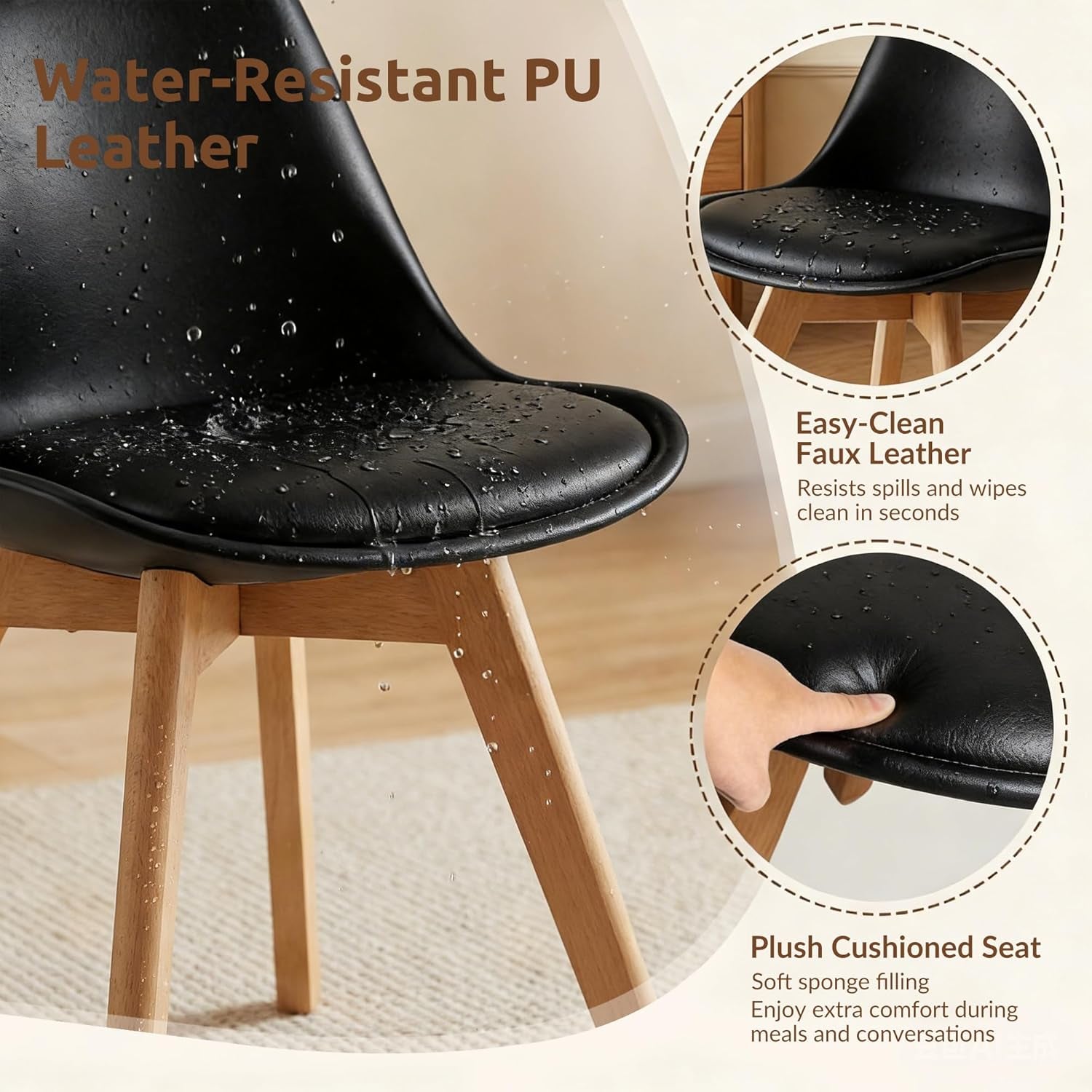 Dining Chairs Set of 4, Modern Upholstered Dining Room Chairs with PU Leather Padded Seat, Armless Kitchen Chairs with Curved Backrest and Solid Wood Legs for Dining Room, Kitchen, Apartment, Black