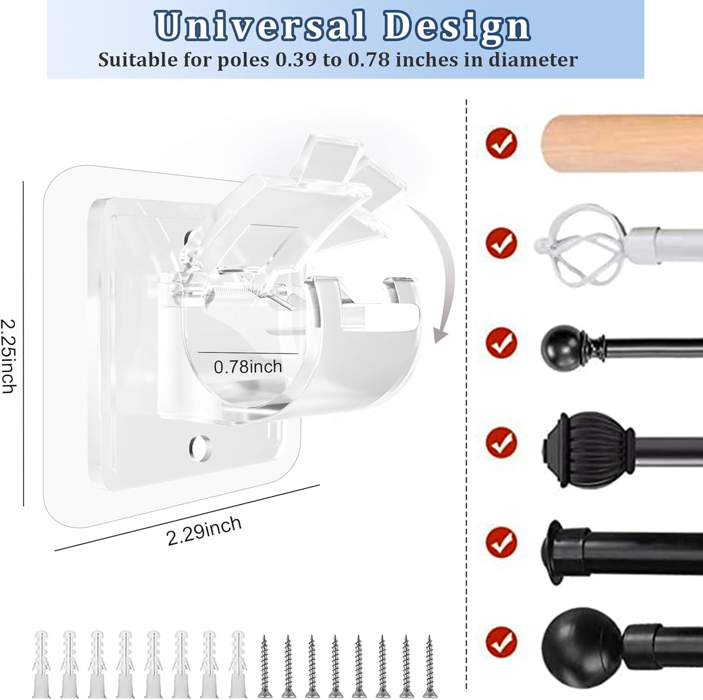 Self Adhesive No Drill Adjustable Curtain Rod Holder Hooks Brackets, Nail Free, No Drilling Hangers for Bathroom, Kitchen, Home, Bathroom and Hotel, Transparent, 8PCS