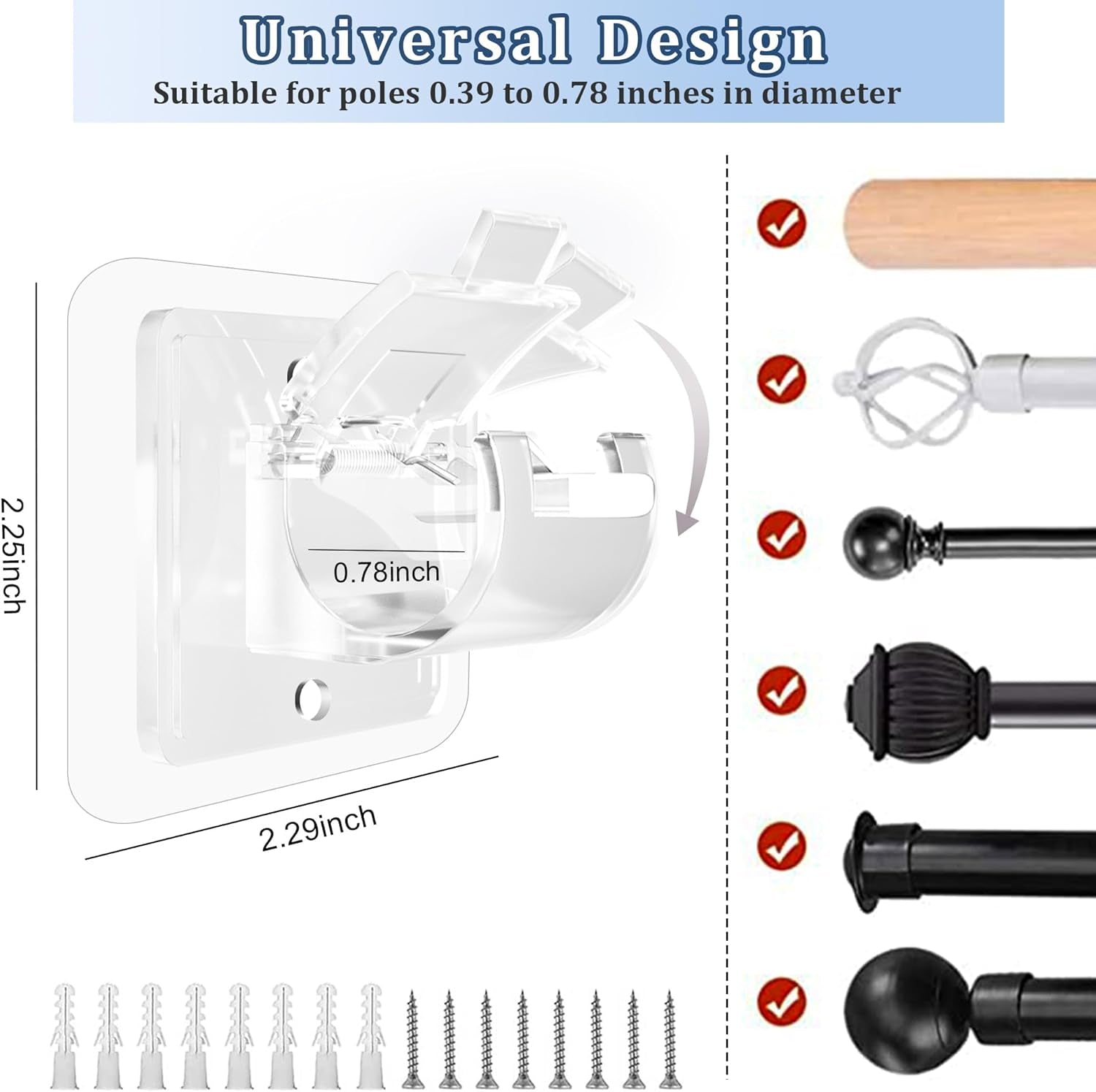 Self Adhesive No Drill Adjustable Curtain Rod Holder Hooks Brackets, Nail Free, No Drilling Hangers for Bathroom, Kitchen, Home, Bathroom and Hotel, Transparent, 8PCS