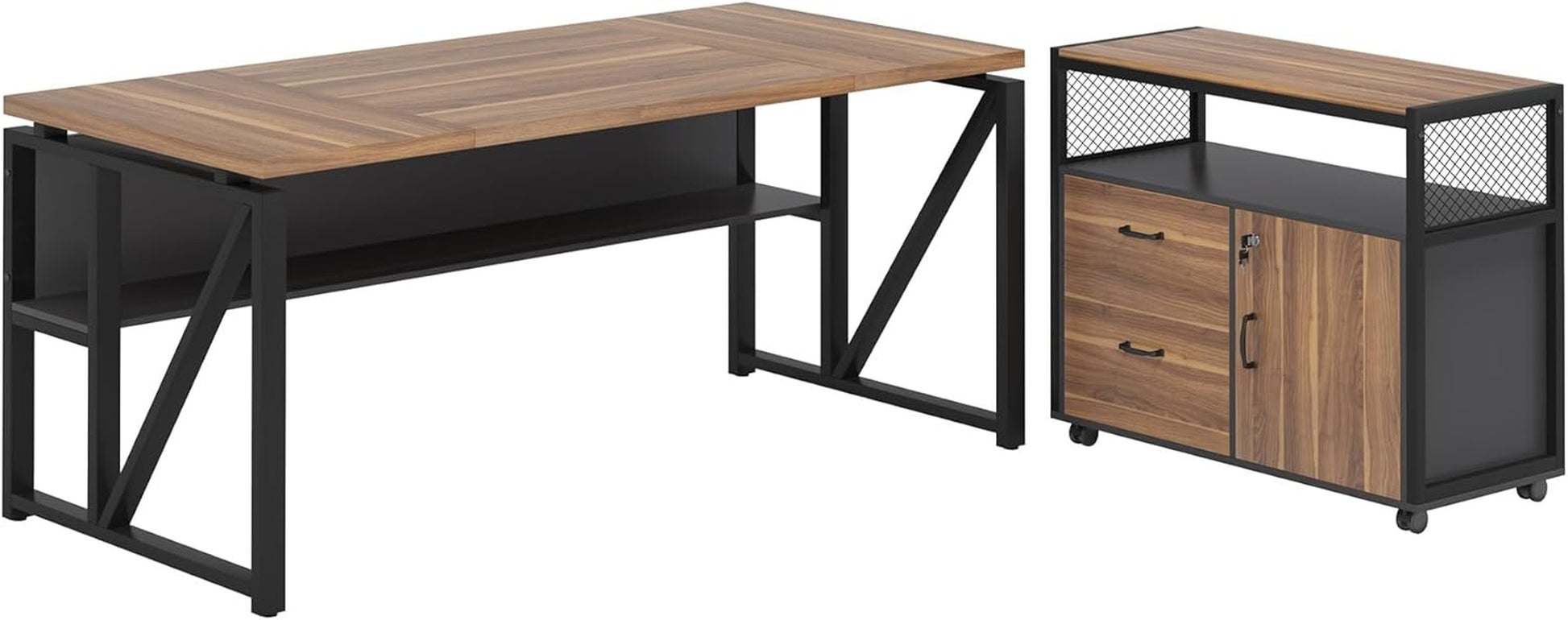 63" Executive Desk with Reversible File Cabinet, Large L-Shaped Office Desk with Drawers, Business Furniture Workstation for Home Office