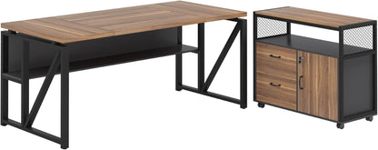 63" Executive Desk with Reversible File Cabinet, Large L-Shaped Office Desk with Drawers, Business Furniture Workstation for Home Office