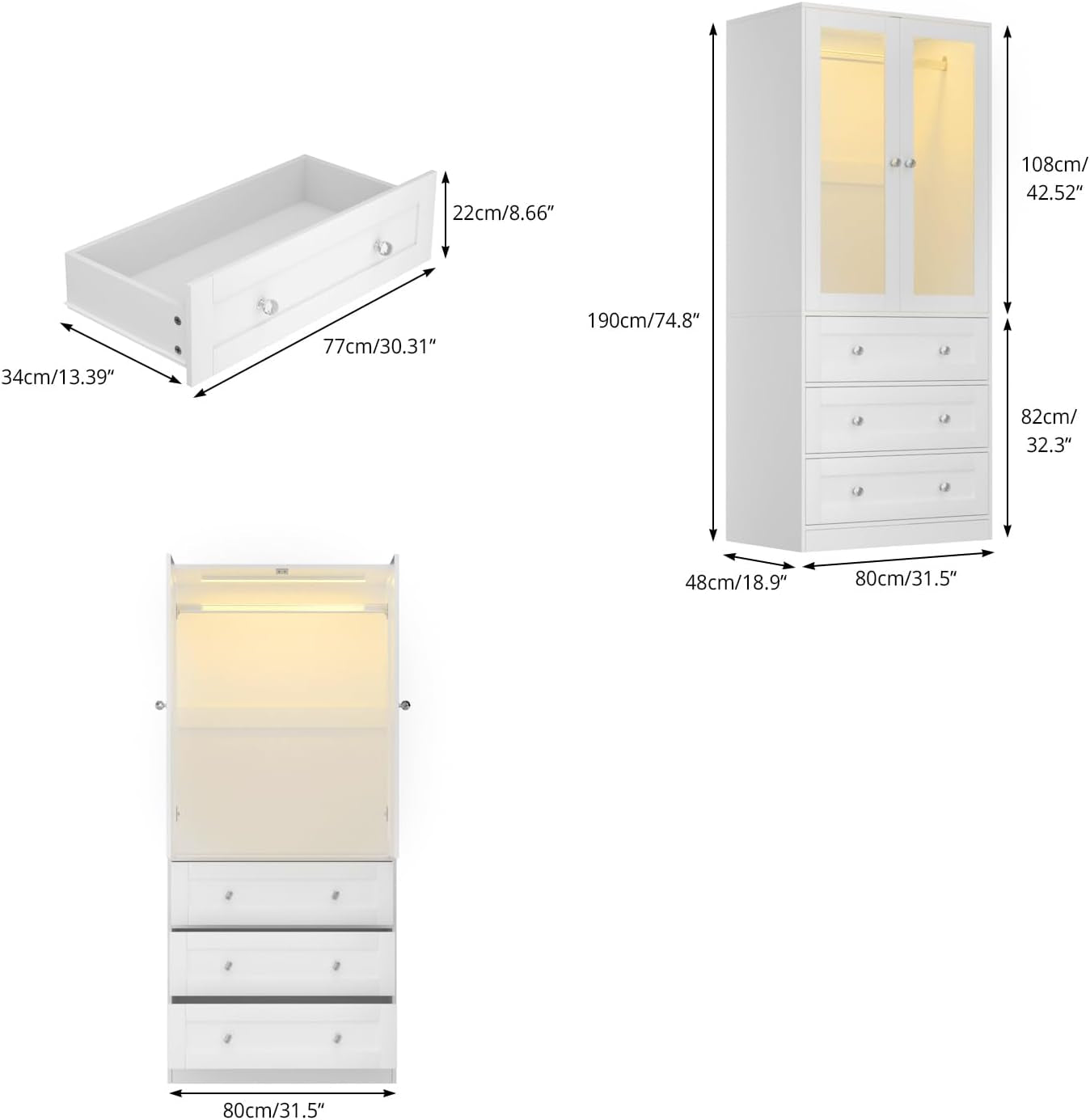 75" Tall Armoire Wardrobe Closet with Drawers & Lights, Clothing Storage Cabinet with 2 Glass Doors & Hanging Rod, Wooden Armoire Storage Cabinet for Bedroom