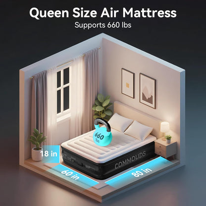 Queen Air Mattress with 2000Mah Battery Powered Pump, 18" Raised Inflatable Mattress, Portable Blow up Mattress, Air Bed for Camping, Home and Guest
