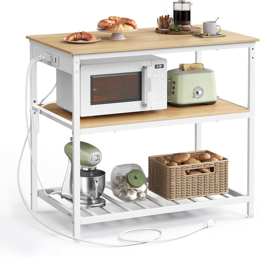 Kitchen Island with 3 Shelves, 39.4 Inches Width Kitchen Shelf with Power Strip, Large Worktop, Stable Steel Structure, Industrial, Easy to Assemble, Golden Oak and White UKKI105Y01