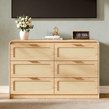 Mid Century Modern Dresser,Rattan 6 Drawers Dresser for Bedroom, 47" Wide Wood Dressers & Chests of Drawers/Curved Profile Design, Natural Texture for Bedroom, Living Room, Natural