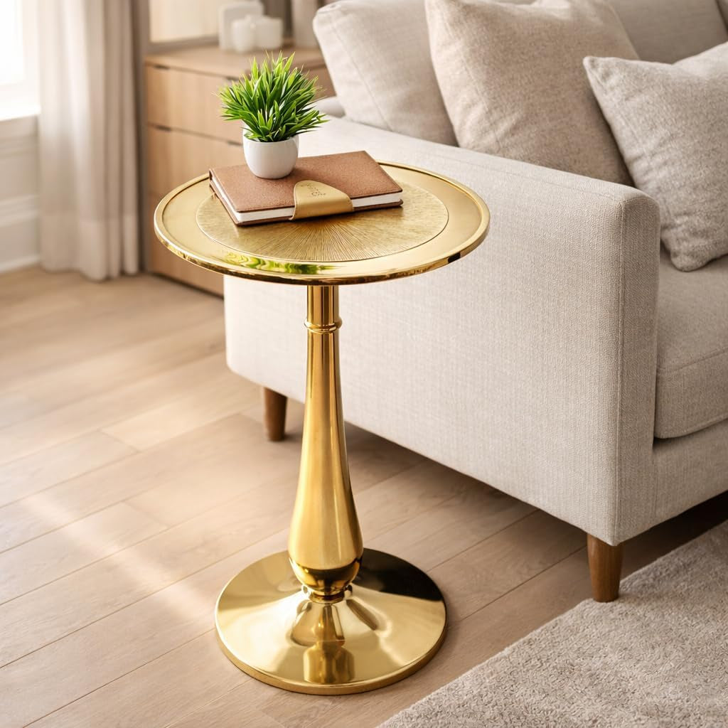 Gold round End Table – Modern Metal Accent Side Table with Embossed Top & Pedestal Base for Living Room, Bedroom, Entryway or Hallway, Electroplated Aluminum Design