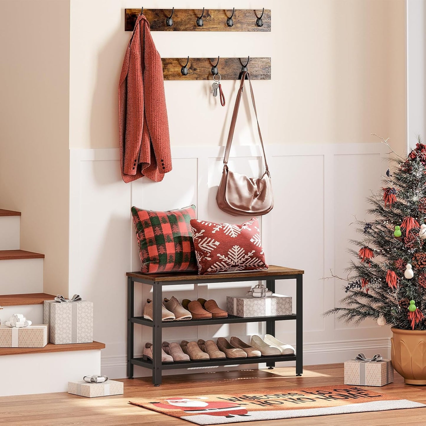 Hall Tree with Bench, Coat Rack Shoe Bench Set, Entryway Shoe Rack with Coat Hooks, Hall Tree Coat Rack, Mud Room, Industrial, for Foyer, Front Door, Rustic Brown BF07MT01