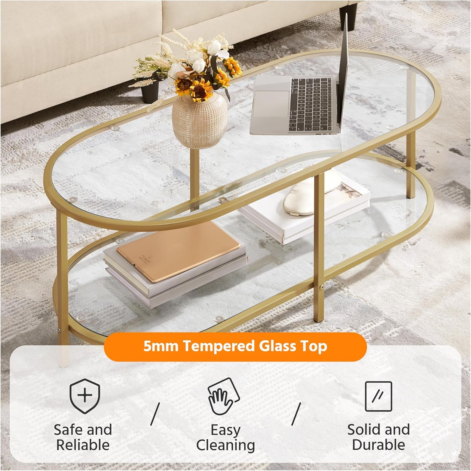 42" Oval Glass Coffee Table for Living Room, 2-Tier Center Table with Storage Shelf for Small Space, Office