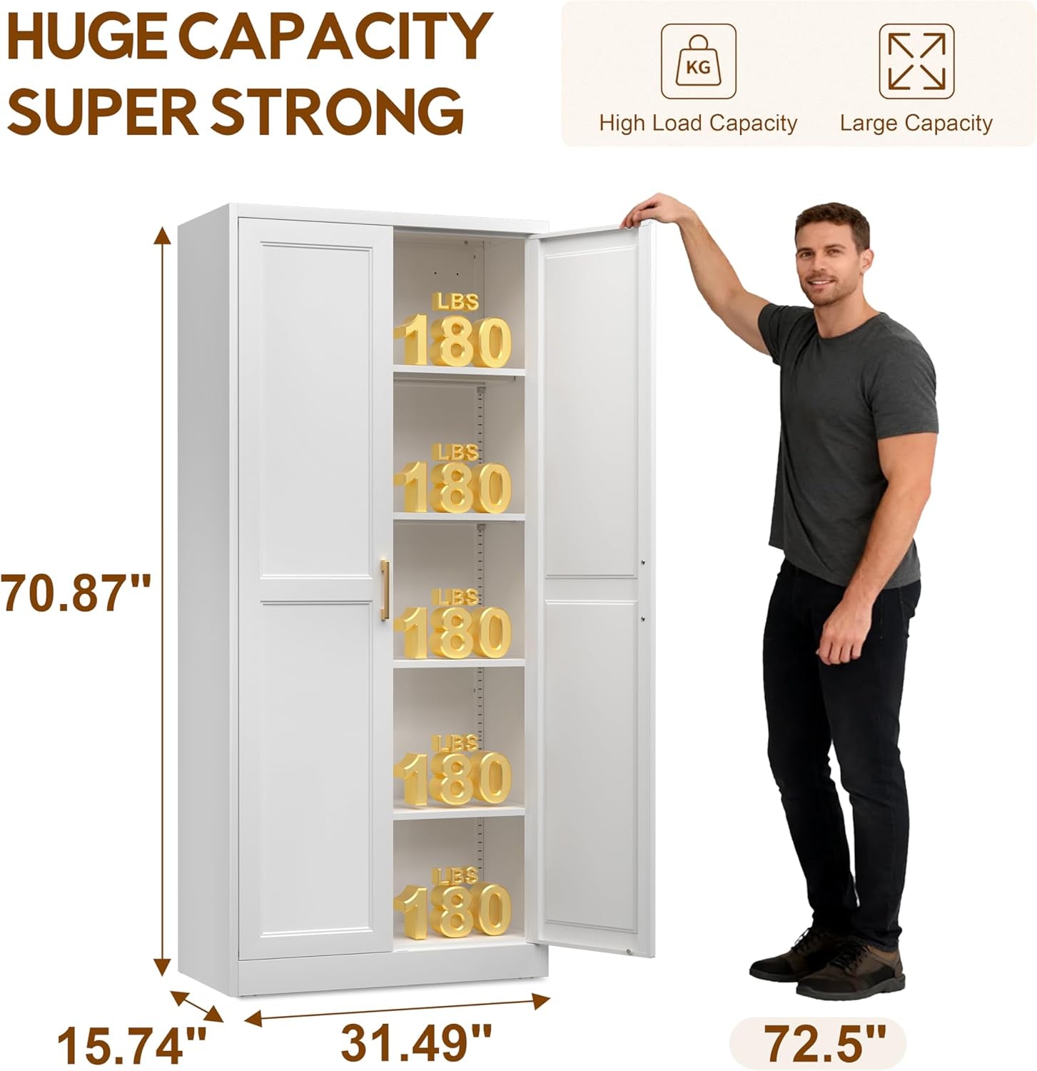 71" Kitchen Pantry Cabinet, Pantry Storage Cabinet with Doors and 4 Shelves, Metal Storage Cabinets for Kitchens, Living Room, Dinning Room, Assembly Required, White