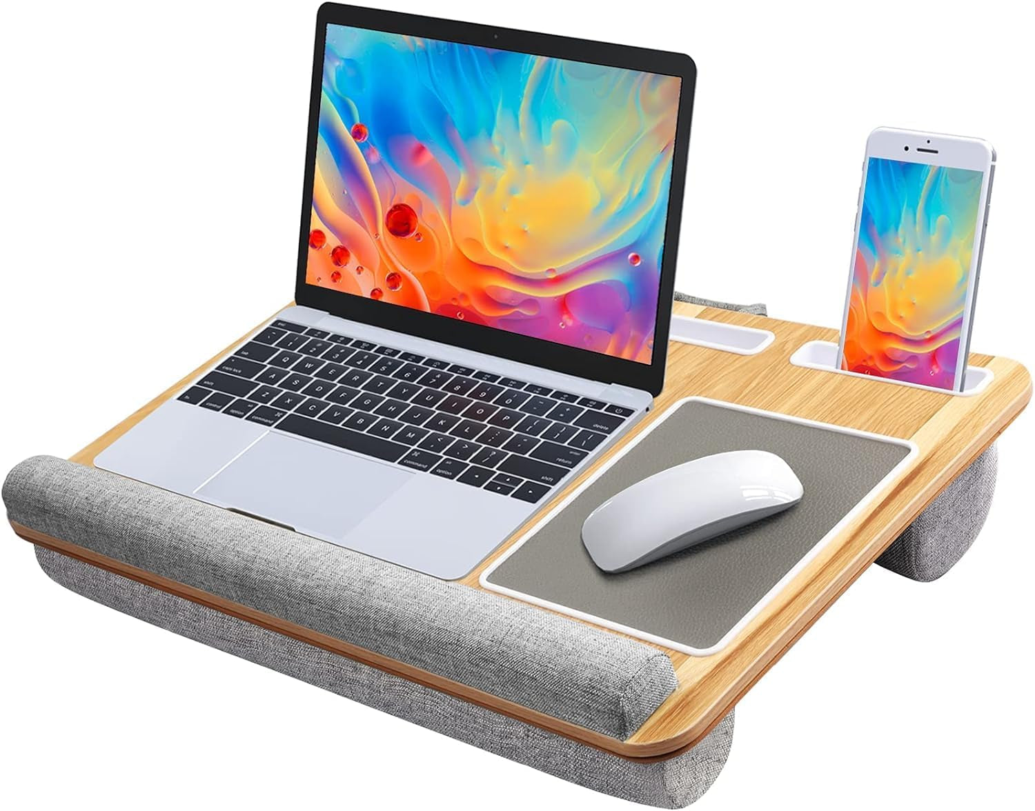 Lap Desk - Fits up to 17 Inches Laptop Desk, Built in Mouse Pad & Wrist Pad for Notebook, Laptop, Tablet, Lap Stand with Tablet, Pen & Phone Holder, Wood Grain