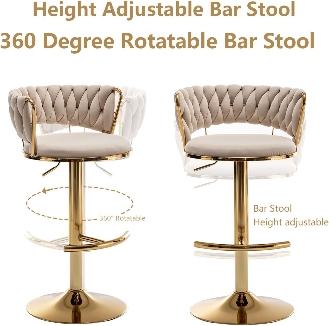 Velvet Bar Stools Set of 2, Counter Height Barstools with Low Back, Gold Swivel Bar Stool for Kitchen Island, Pub (Beige)
