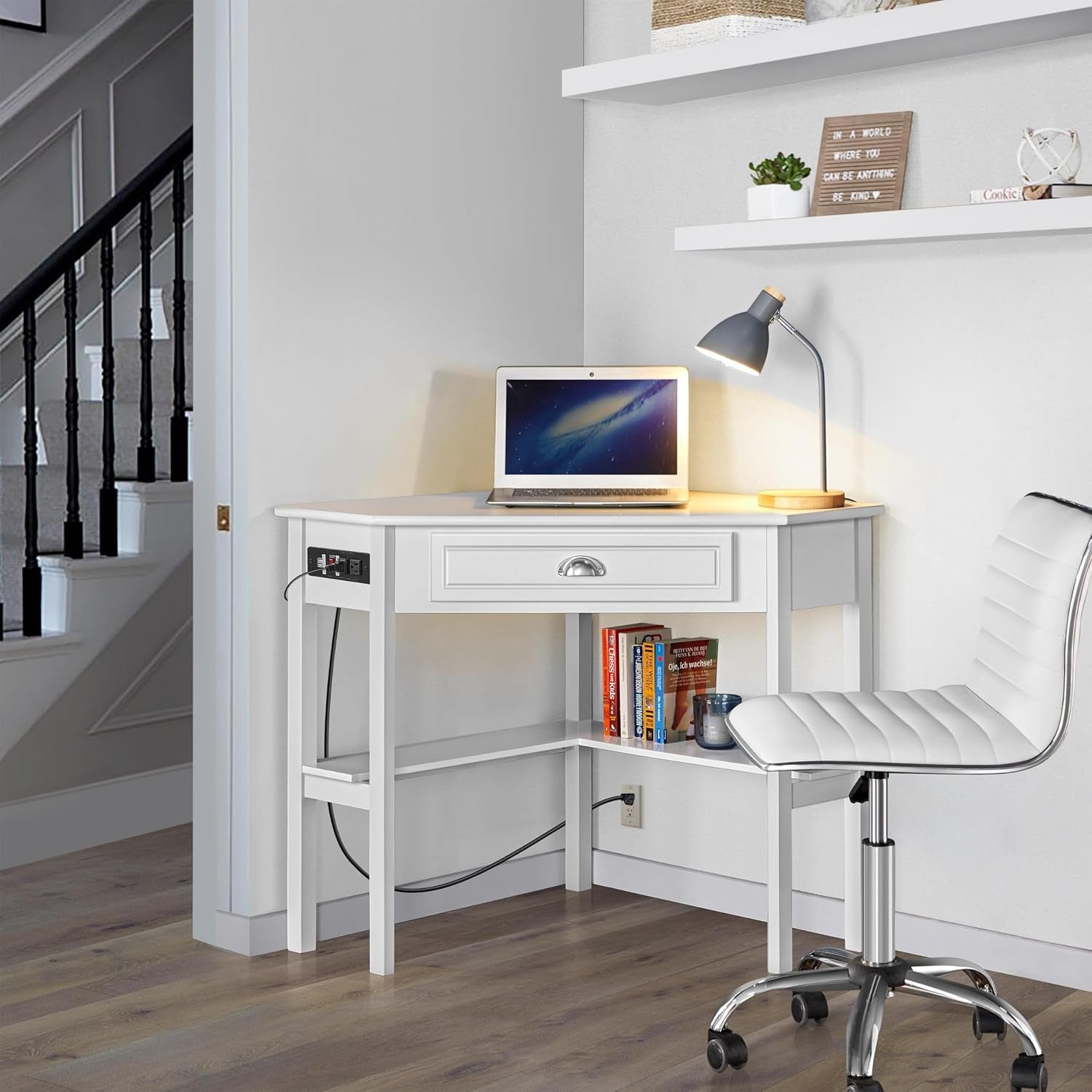 L Shaped Corner Computer Desk with Power Outlets, Reversible Triangle Workstation with USB Ports and Hook for Small Space, Modern Home Office Desk Gaming Table with Drawer & Shelf, White