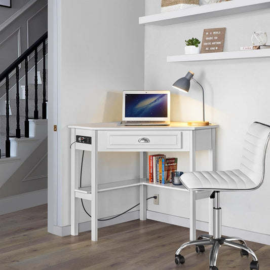 L Shaped Corner Computer Desk with Power Outlets, Reversible Triangle Workstation with USB Ports and Hook for Small Space, Modern Home Office Desk Gaming Table with Drawer & Shelf, White