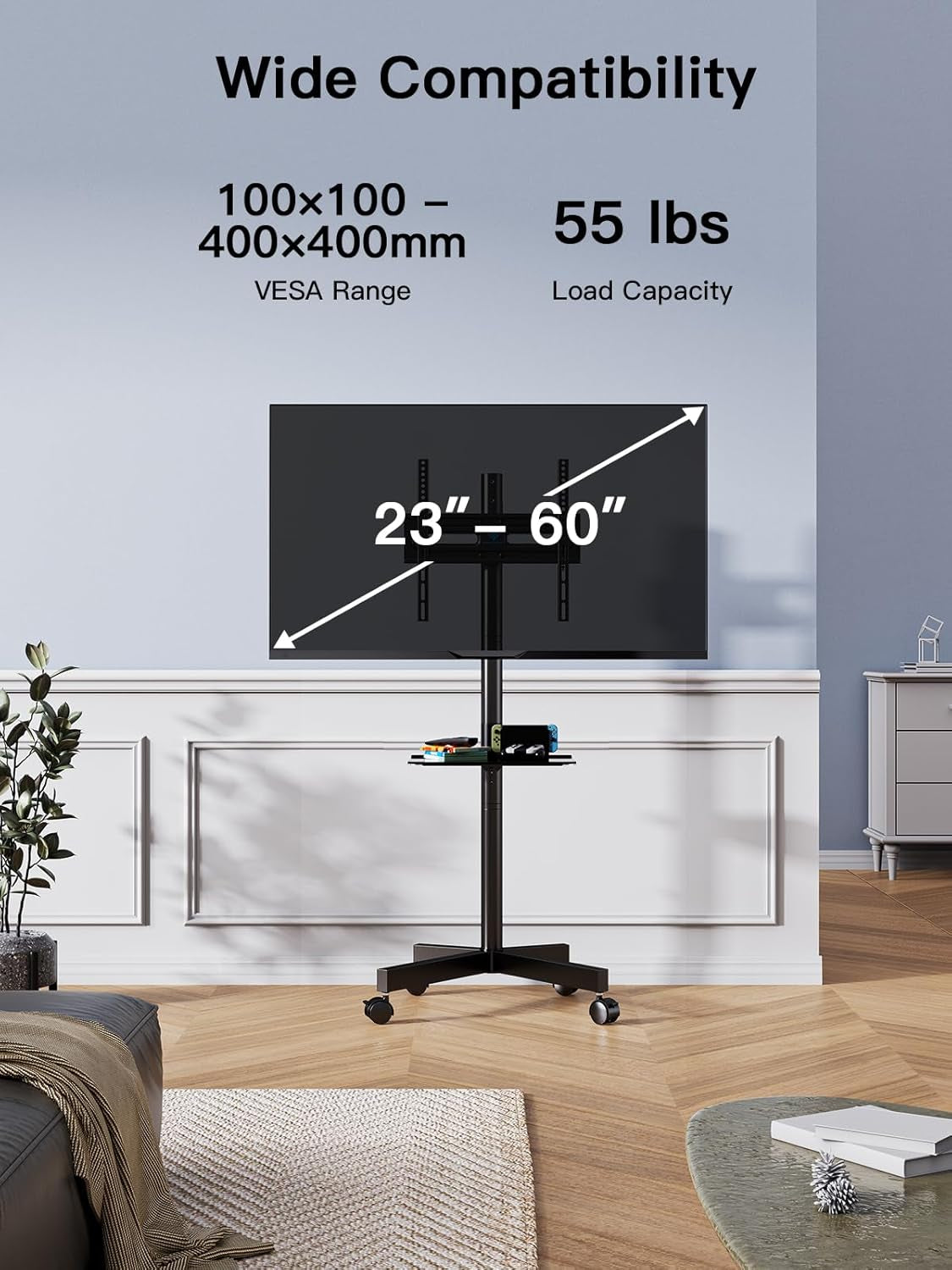 Rolling TV Stand on Wheels for 23-60 Inch Flat Curved Screen Tvs, Mobile TV Cart Height - Adjustable with Shelf/Tray, Portable TV Stand Holds up to 55 Lbs, Max VESA 400X400Mm, PSTVMC04