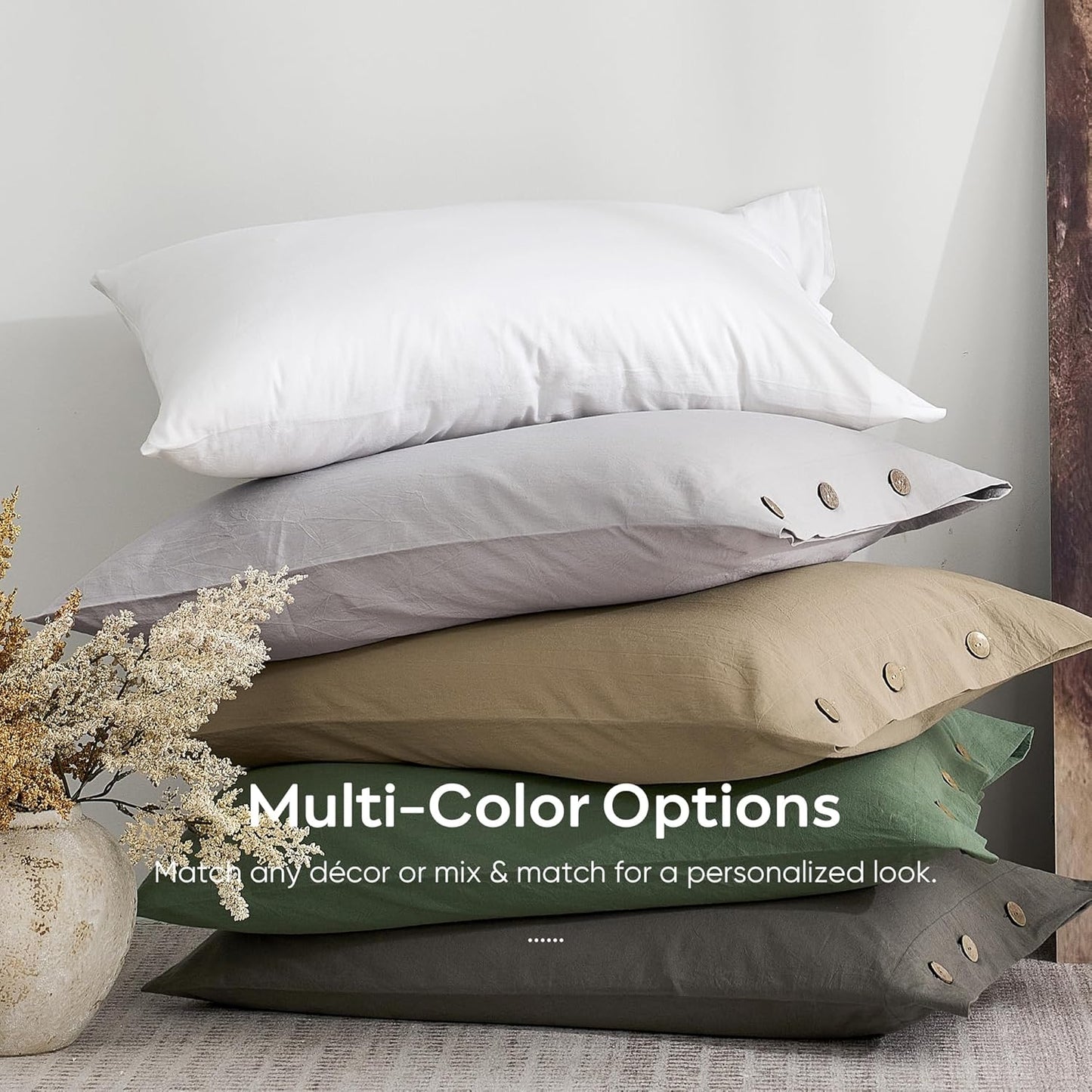 100% Washed Cotton King Pillowcases Set, 2 Pack Linen-Like Texture Breathable Pillow Covers with Button Closure,Dusty Khaki King 20"×36"(Pillows Are Not Included)