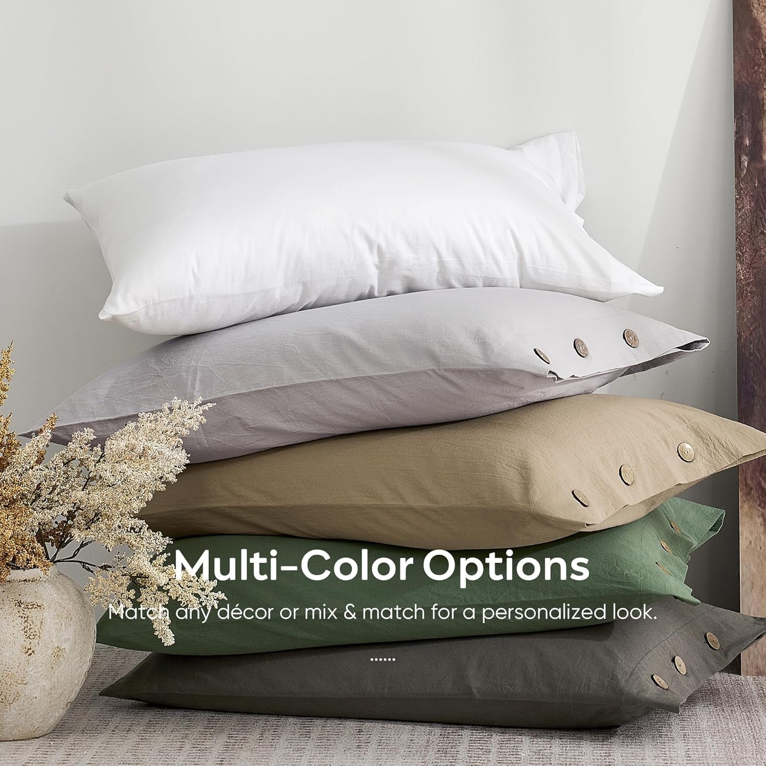 100% Washed Cotton King Pillowcases Set, 2 Pack Linen-Like Texture Breathable Pillow Covers with Button Closure,Dusty Khaki King 20"×36"(Pillows Are Not Included)