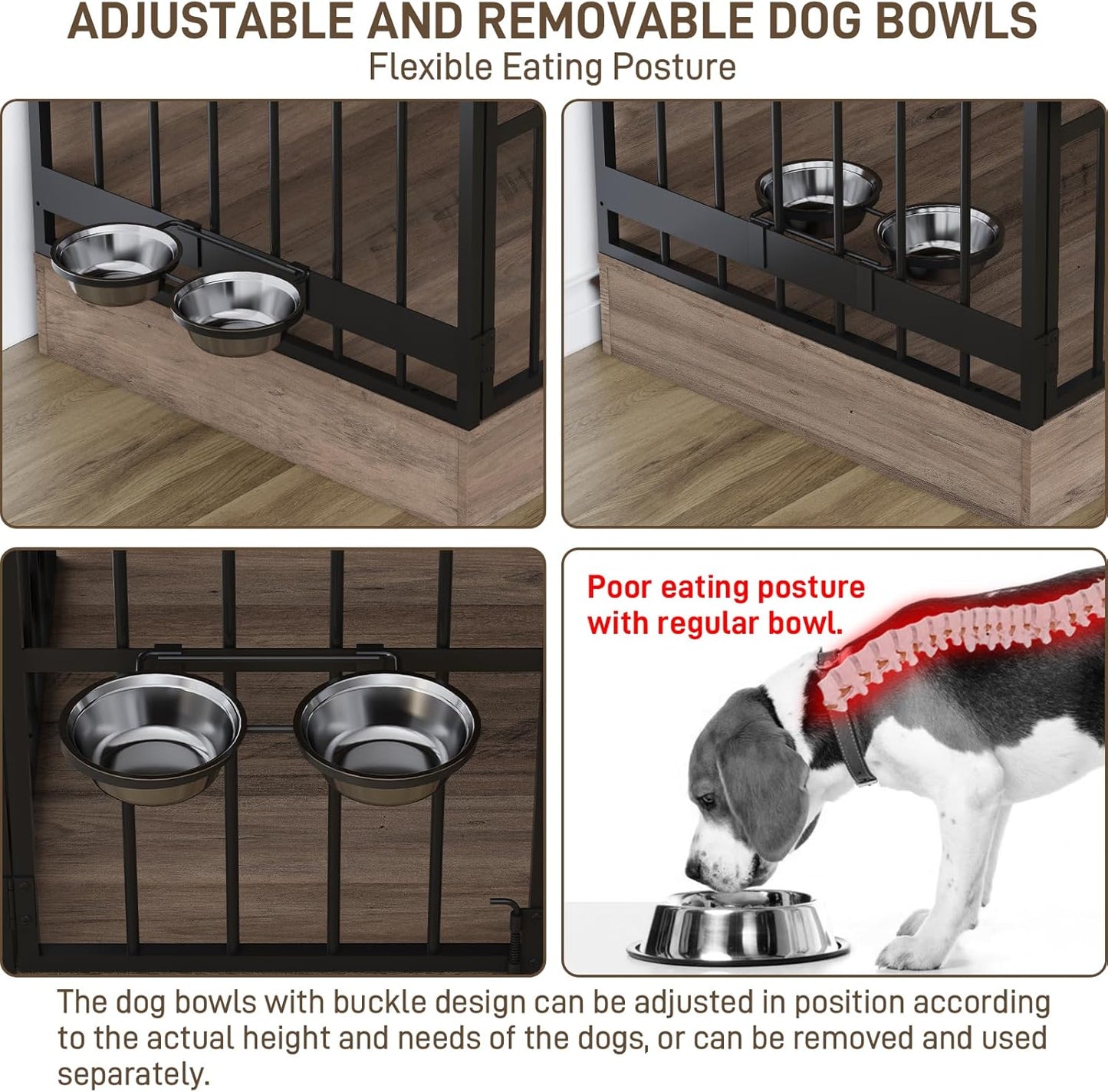 Dog Crate Furniture, 35 Inch Dog Kennel Indoor Furniture with Storage Drawers Rustic Pet Cage End Table with 2 Adjustable Bowls for Small/Medium/Large Dogs