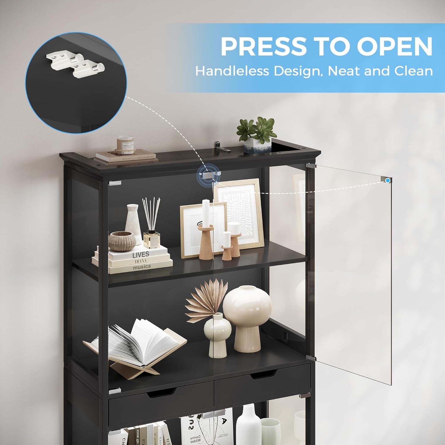 Display Cabinet with Glass Doors, 68'' Tall Curio Cabinet with RGB Lights for Collectibles, 4-Tier Glass Display Case with Human Body Sensor & 2 Drawers for Living/Game Room, Black