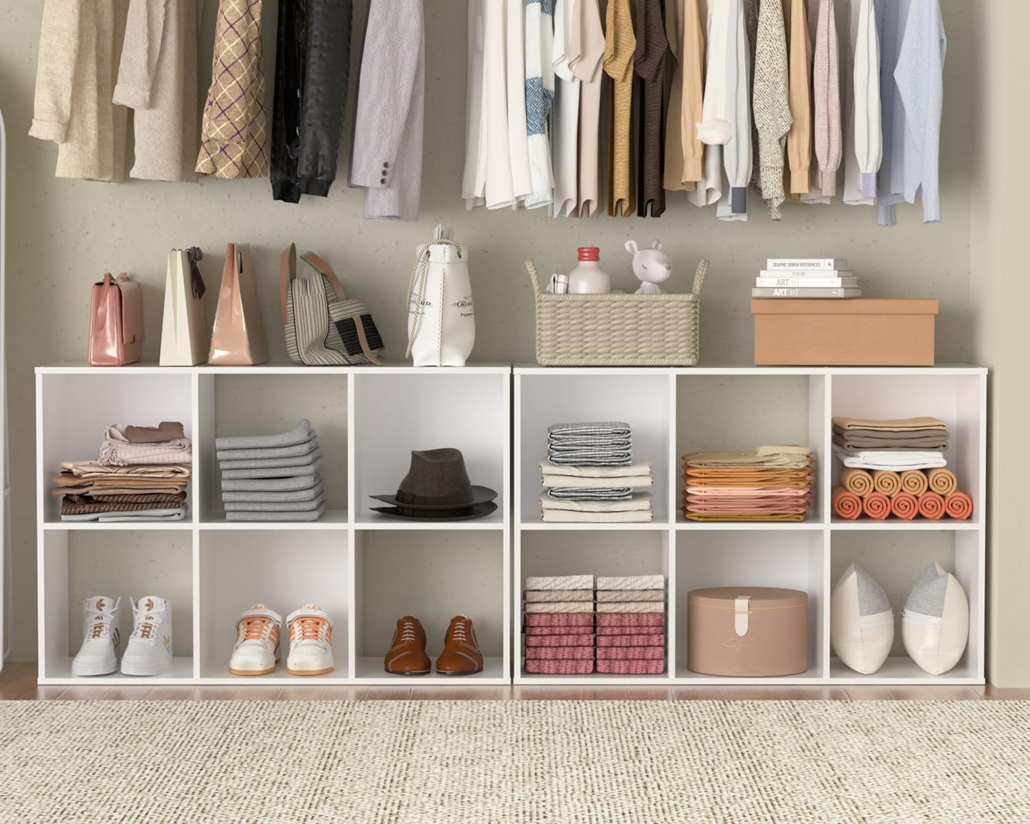 Stackable 6 Cube Storage Organizer: Wood Cubes Shelf Fits Cubby Bins - Square Cubicle Bookshelf Cabinet for Closet Bedroom - Open Storage Shelf for Toy Clothes Book Organization, White