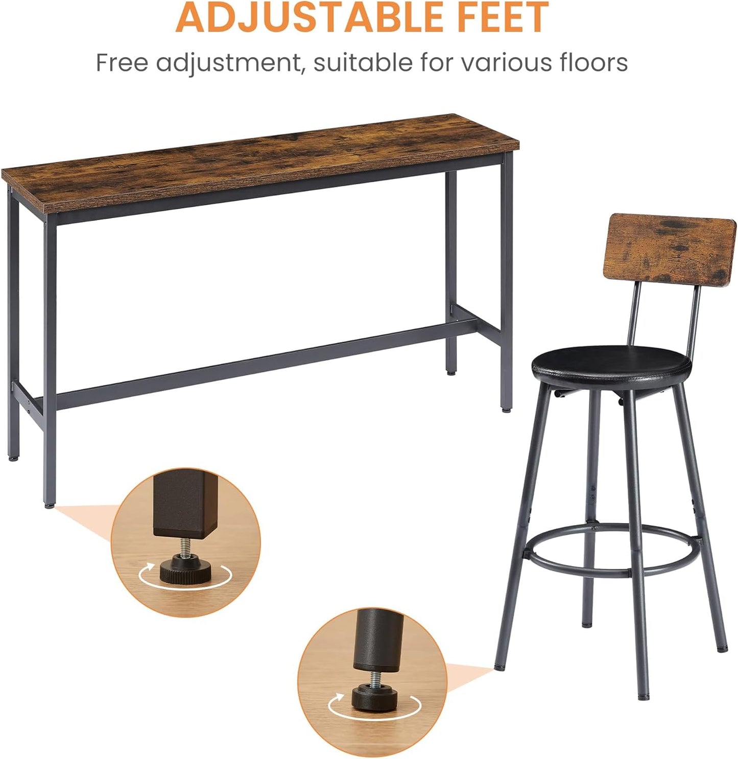 Long Bar Table Set with 3 PU Upholstered Bar Stools, Dining Table and Chair Sets, Industrial Tall Coffee Table and Back Chair for Kitchen, Living Room, Party Room, Small Space, Pub, Brown