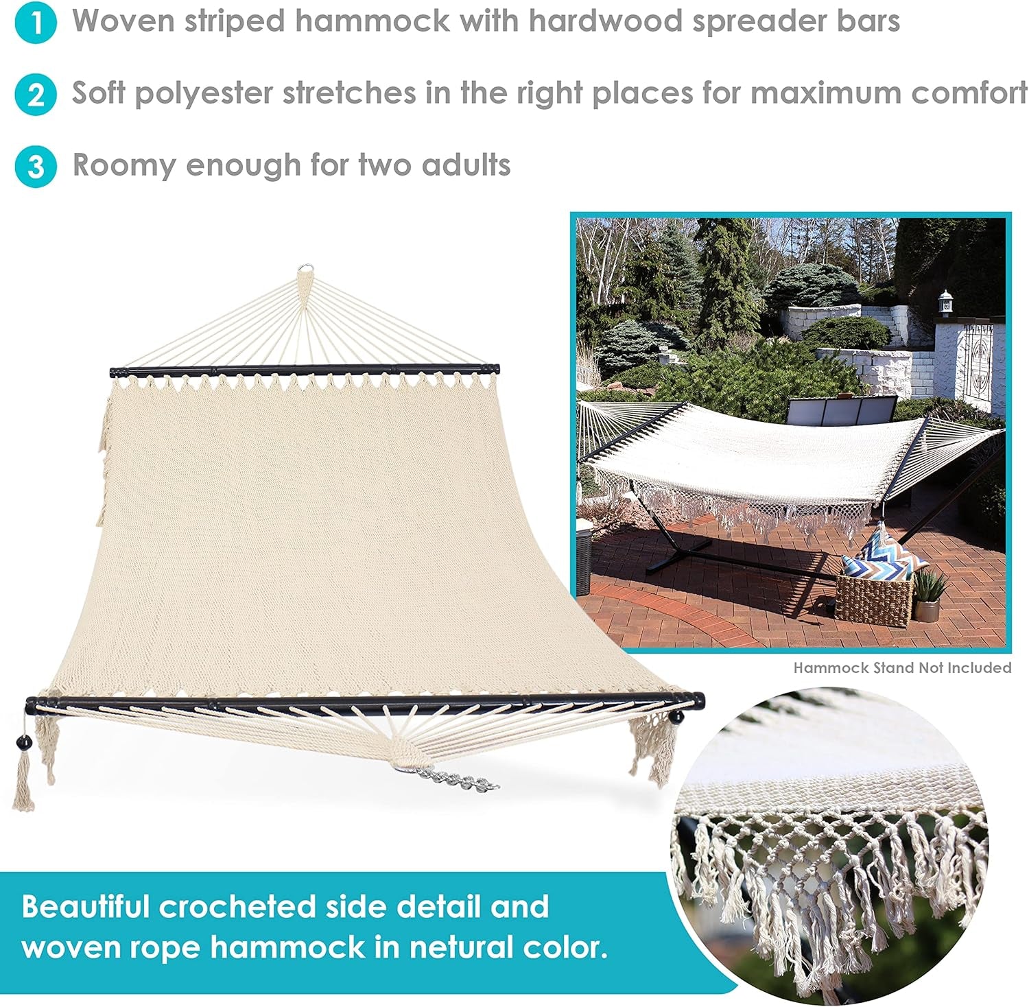 Sunnydaze Woven Double Hammock for outside with Crocheted Edges and Spreader Bars - 600-Pound Weight Capacity Outdoor Hammock for Trees