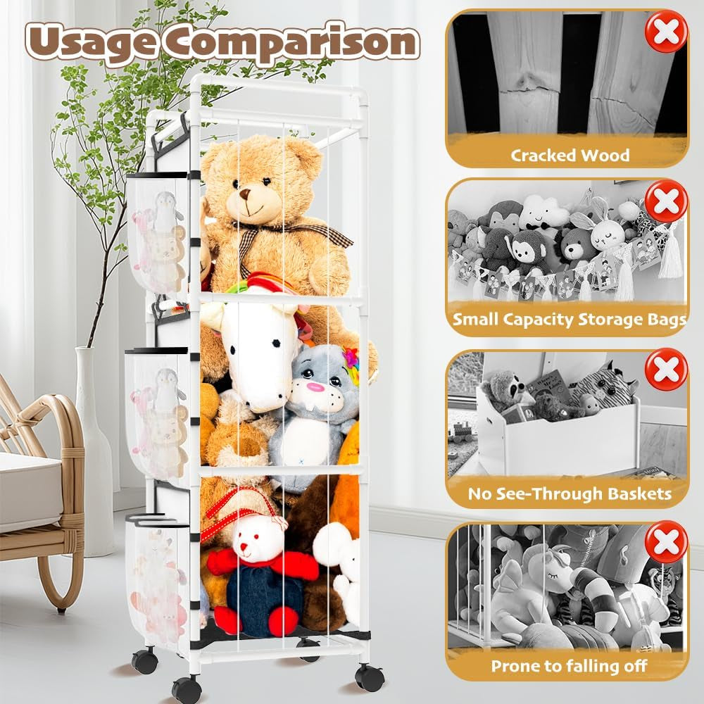 Stuffed Animal Storage with Storage Bags，Sturdy PVC Tubes，Toy Storage Organizer with Brake Wheels，Nursery Storage Shelf for Playroom Bedroom Nursery Room Kids Room