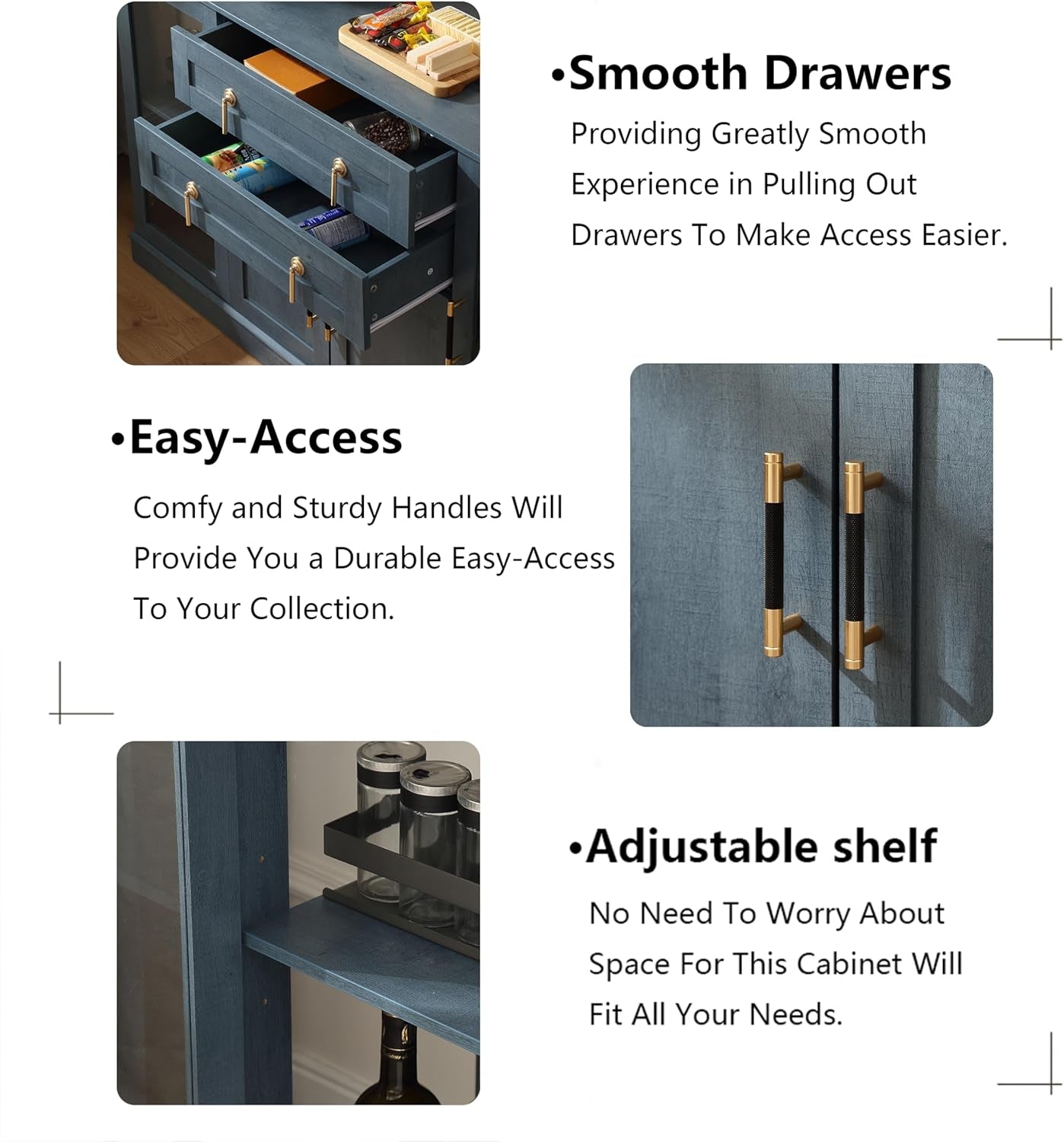 58.2'' Modern Sideboard Buffet Cabinet with Storage, Accent Coffee Bar Cabinet with 2 Glass Doors,Sideboard Credenza with Golden Handles and Adjustable Shelves,Blue