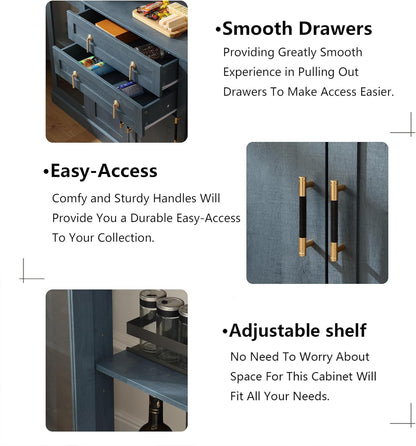 58.2'' Modern Sideboard Buffet Cabinet with Storage, Accent Coffee Bar Cabinet with 2 Glass Doors,Sideboard Credenza with Golden Handles and Adjustable Shelves,Blue