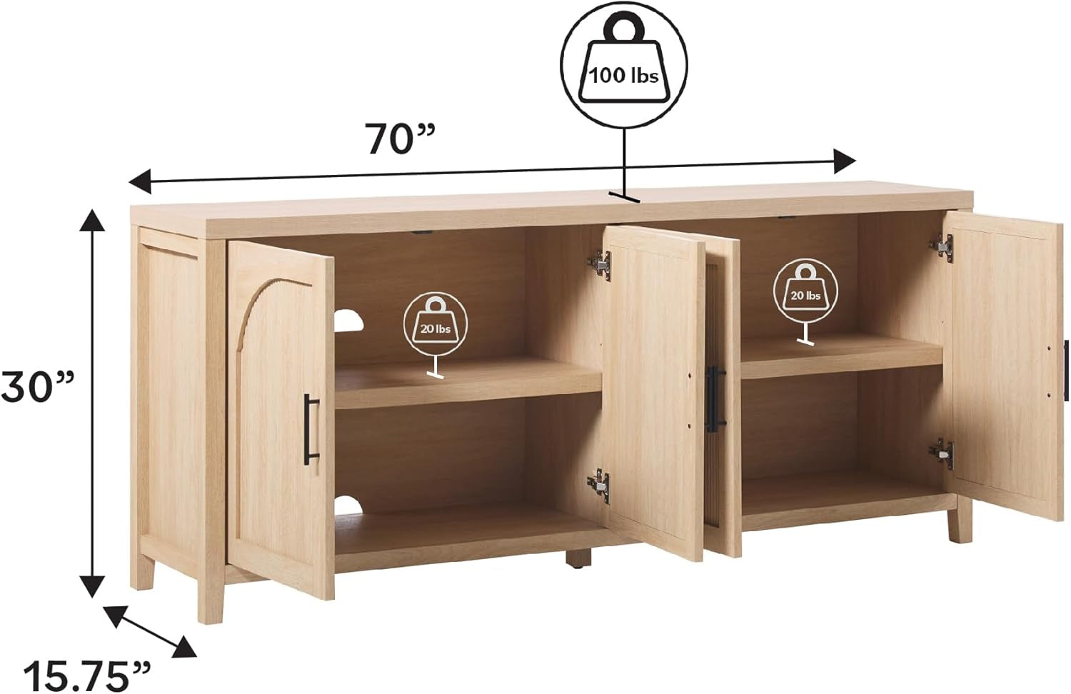 Sasha 4-Door Reeded Sideboard Buffet with Cord Management, 70 Inch, Coastal Oak