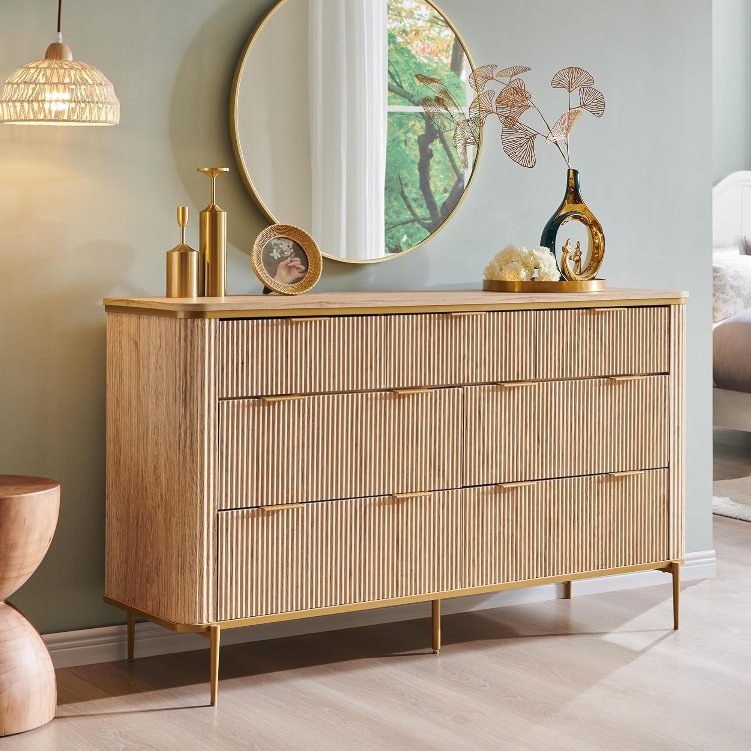 Fluted 7 Drawers Dresser for Bedroom, 54" Wide Modern Dresser TV Stand, Gold Accents, Fluted Fronts, Wood Storage Dressers Organizer for Bedroom, Living Room, Natural Oak