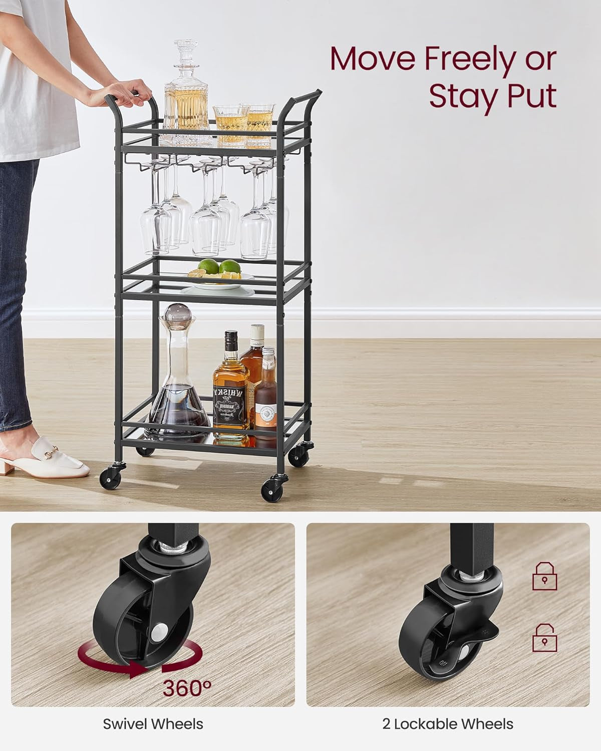 Bar Cart, Home Bar Serving Cart, Small Bar Serving Cart with 3-Tier Shelf, Wine Holders, Glass Holders, Mini Bar Cart for Small Spaces, Kitchen, Dining Room, Living Room, Ink Black