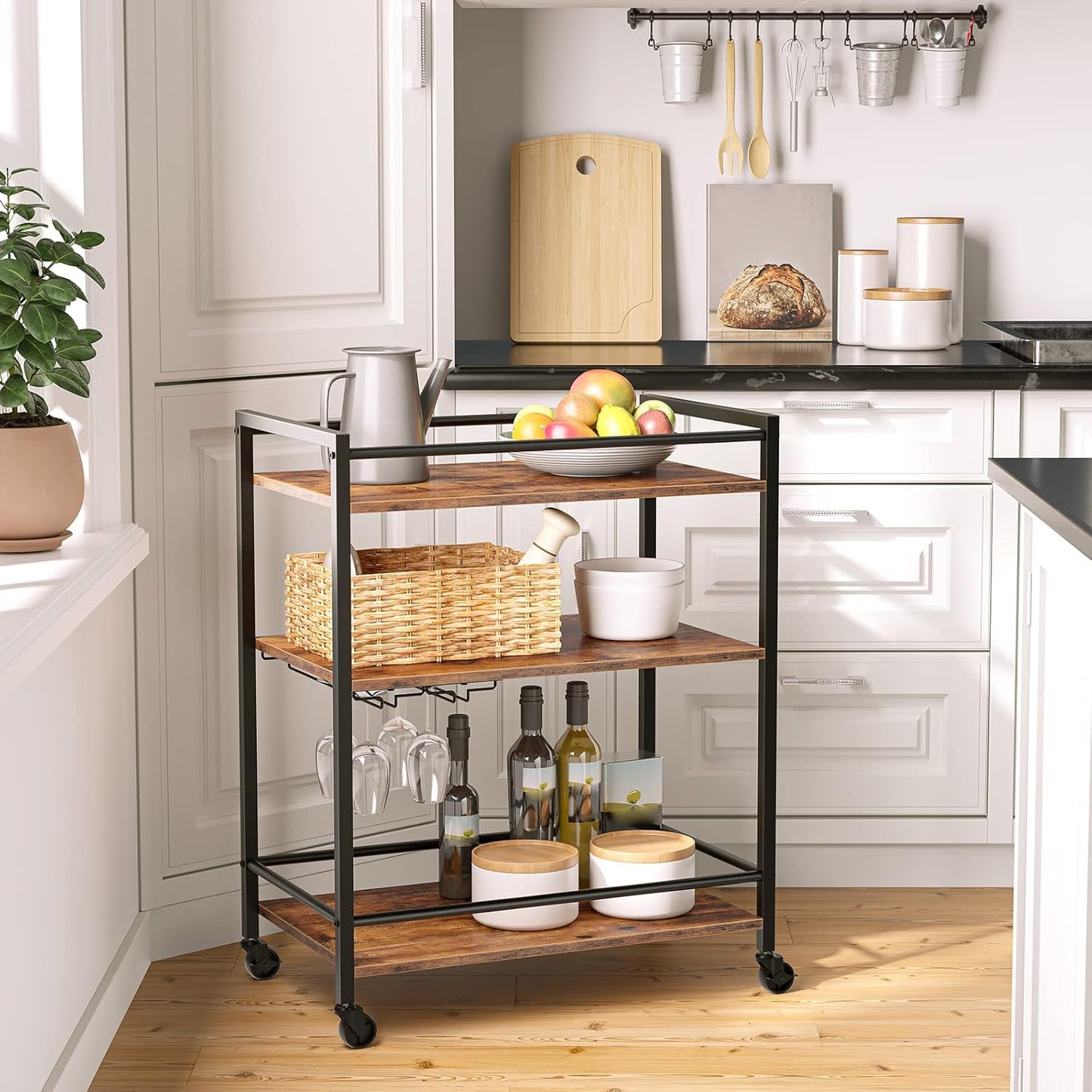 Bar Cart for the Home, Serving Cart with Wine Glass Hooks, Rolling Kitchen Cart with Lockable Wheels, 25.2 X 15.7 X 33.3 Inches Beverage Cart with Storage Shelves, Rustic Brown BF02TC01