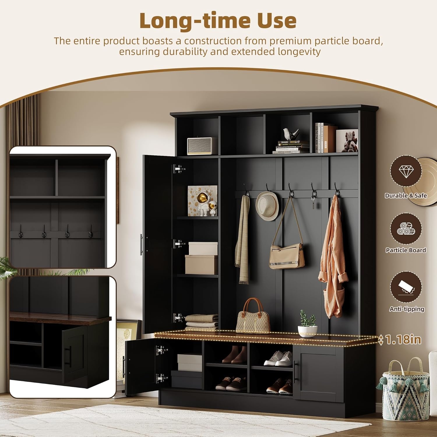 Farmhouse Wood Hall Tree with Shoe Bench and 2 Drawers, 4-In-1 Coat Rack with 6 Hooks for Entrance, Hallway, Mudroom Black