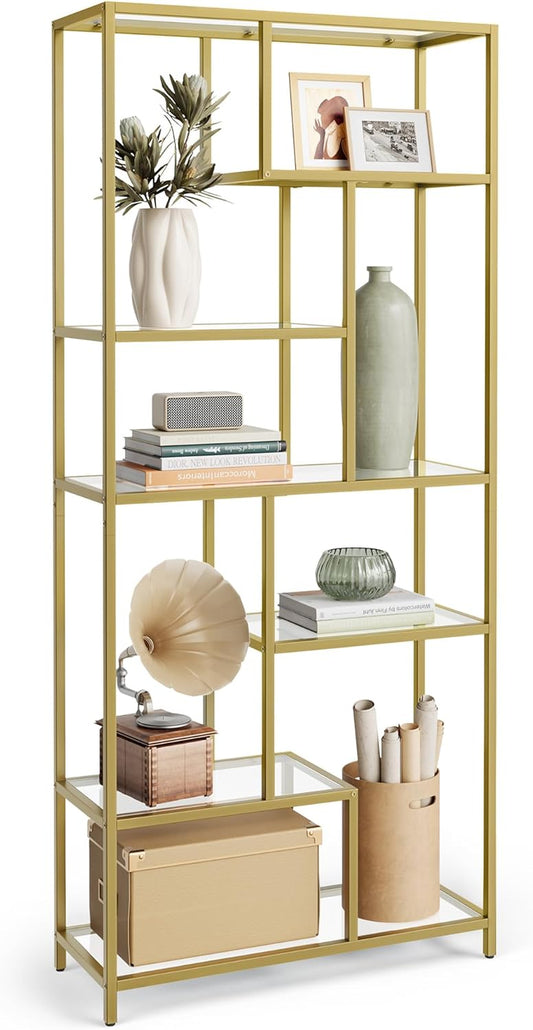 Bookshelf, 6-Tier Tall Bookcase, Display Shelf, Plant Stand, 11.8 X 31.5 X 70.9 Inches, Tempered Glass, for Study, Office, Living Room, Bedroom, Kitchen, Metallic Gold ULGT502A01