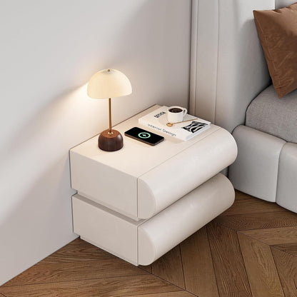 Smart Nightstand with Wireless Charging, USB & Type-C Ports – Modern White Leather Night Stand with 2 Drawers, Bedside Table for Bedroom