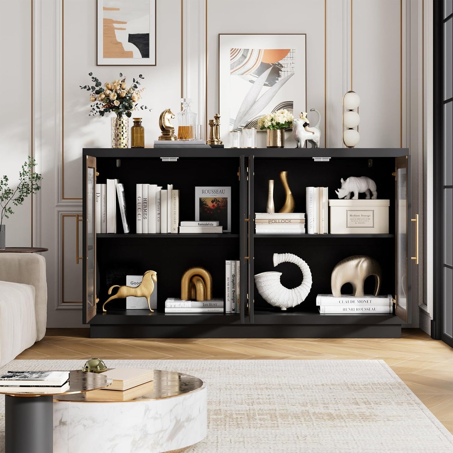Buffet Cabinet with Storage, 55.1" Large Sideboard Buffet Table, Modern Sideboard Kitchen Cabinet with 4 Fluted Glass Doors, Wood Coffee Ba for Kitchen Dining Room, Black/Brown