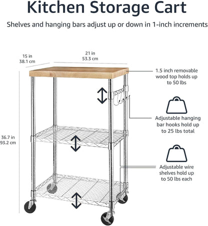 Portable Kitchen 3-Tier Storage Rack on Caster Wheels with Adjustable 2 Shelves, 175 Pound Capacity, 21 X 15 X 36.7 Inches (Lxwxh), Wood/Chrome