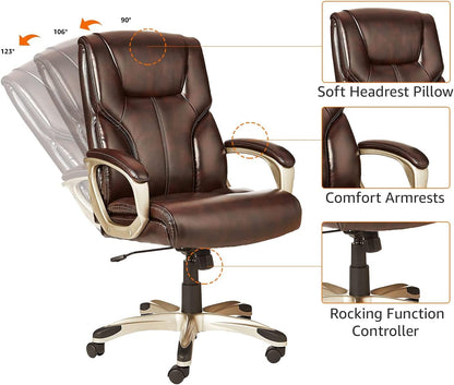 Executive High Back Office Desk Chair, Adjustable Height, Tilt, Swivel, One Size, Brown/Gold