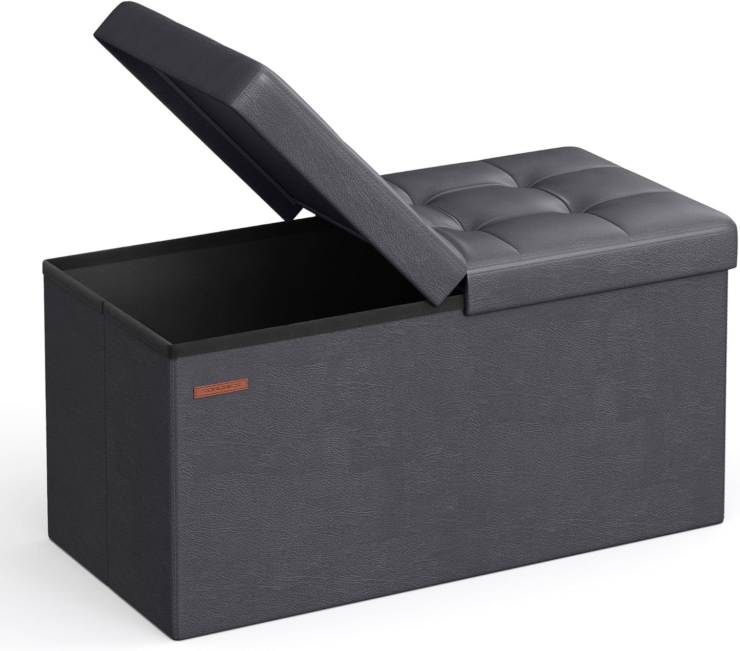 MAZIE Collection - 43 Inches Storage Ottoman Bench with Flipping Lid, Storage Chest with Iron Frame Support, Load 660 Lb, for Living Room, Bedroom, Synthetic Leather, Black ULSF75BK