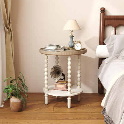 round End Table, Rustic Farmhouse Side Table with Storage Shelf, 2-Tier French Country Nightstand for Living Room Bedroom Small Space, Natural Tray Top and Vintage White Spindle Legs