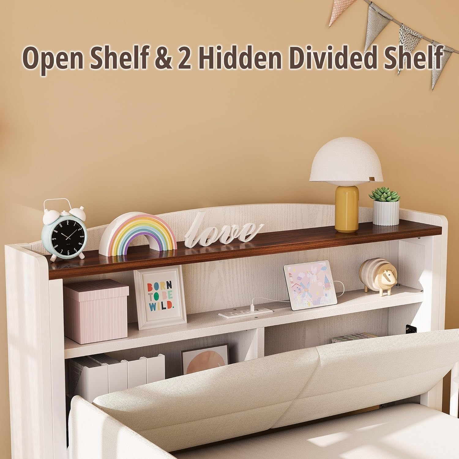 Twin Bed Frame with Rails, Farmhouse Platform Bed with 2 Drawers, Upholstered Storageheadboard & Charging Station for Boys Girls Teens, No Box Spring Needed, White/Walnut