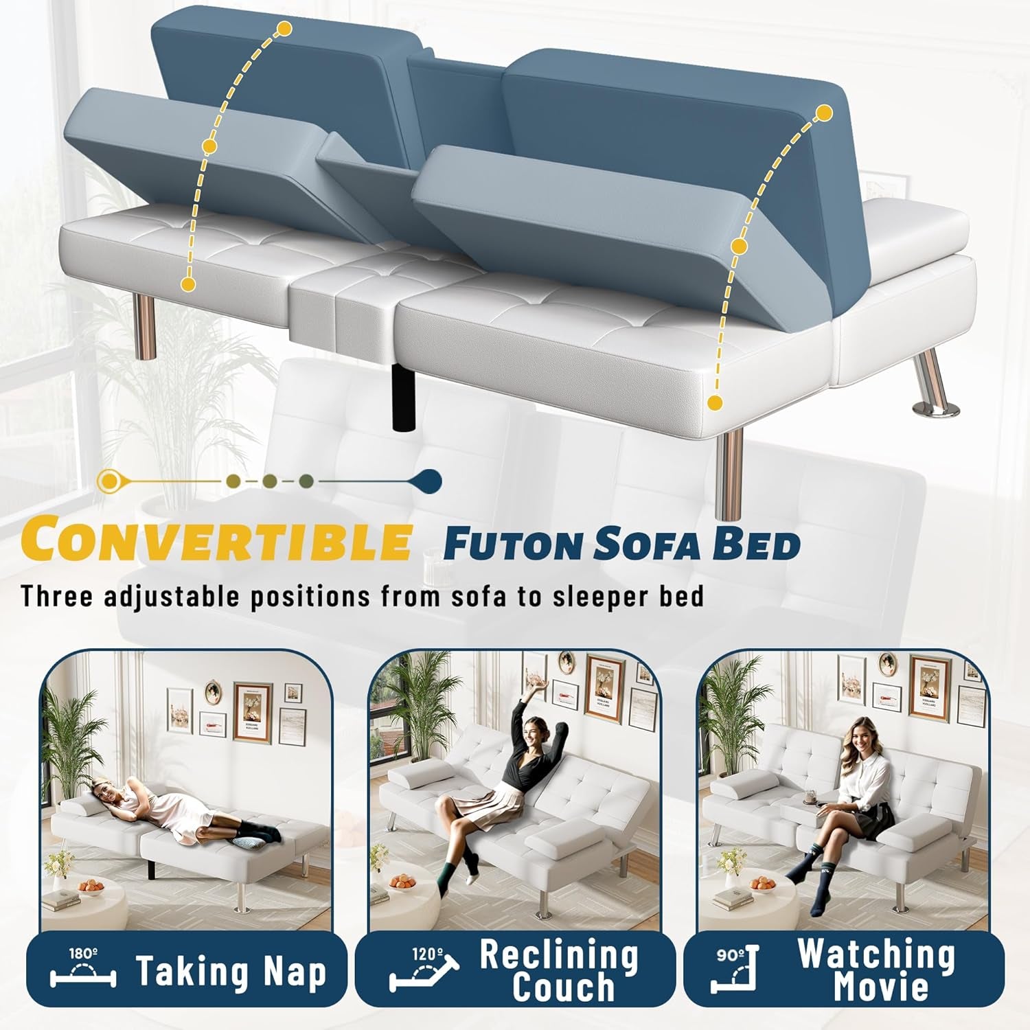 Futon Sofa Bed Adjustable Futon Couch Sleeper Sofa Bed for Living Room, Business Office, Recliner Sofas with Cup Holders (PU Leather, White)