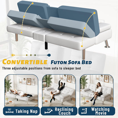 Futon Sofa Bed Adjustable Futon Couch Sleeper Sofa Bed for Living Room, Business Office, Recliner Sofas with Cup Holders (PU Leather, White)